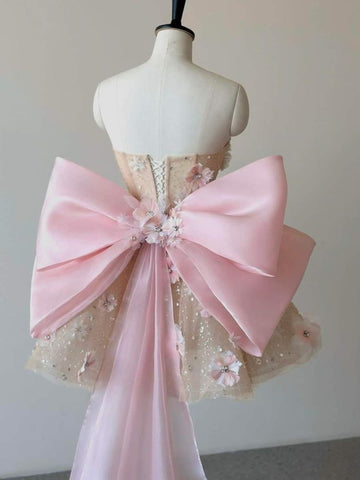 Pink A Line Sweetheart Neck Floral Sequin Tulle Homecoming Dress with Bow HZ1023